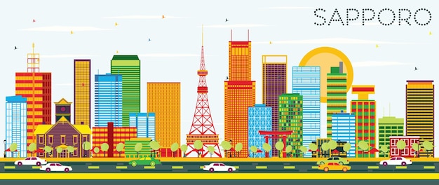 Skyline de Sapporo avec bâtiments de couleur et ciel bleu. Illustration vectorielle. Concept de voyage d'affaires et de tourisme à l'architecture moderne. Image pour la bannière de présentation et le site Web.