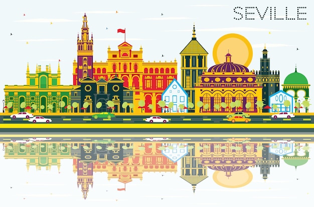 Skyline De Séville Avec Bâtiments De Couleur, Ciel Bleu Et Reflets. Illustration Vectorielle. Concept De Voyage D'affaires Et De Tourisme Avec Des Bâtiments Historiques. Image Pour La Bannière De Présentation Et Le Site Web.