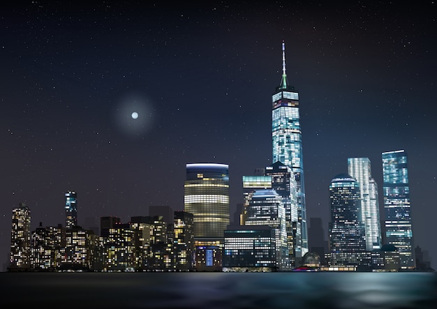 Skyline de la ville de nuit avec des gratte-ciel rougeoyants