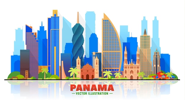 Skyline de la ville de Panama (Panama) avec panorama sur fond blanc. Illustration vectorielle. Concept de voyage d'affaires et de tourisme avec des bâtiments modernes. Image pour présentation, bannière, site web.