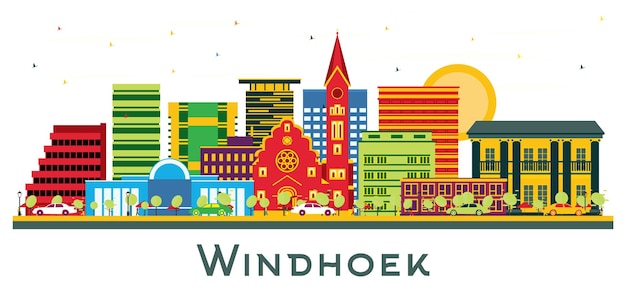 Skyline De La Ville De Windhoek En Namibie Avec Des Bâtiments De Couleur Isolés Sur Le Paysage Urbain Blanc De Windhoek Avec Des Points De Repère