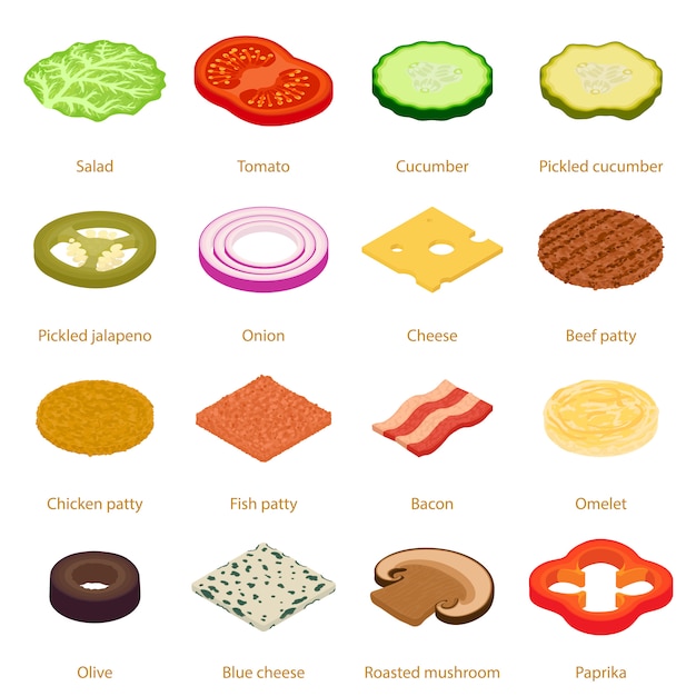 Slice Food Icons Set. Illustration Isométrique Des Icônes Vectorielles De Nourriture 16 Tranche Pour Le Web