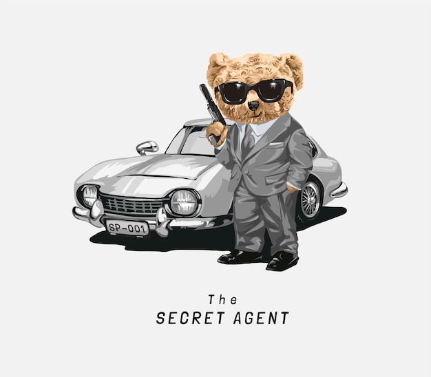 Slogan D'agent Secret Avec Un Ours De Dessin Animé Tenant Une Arme Et Une Illustration Vectorielle De Voiture