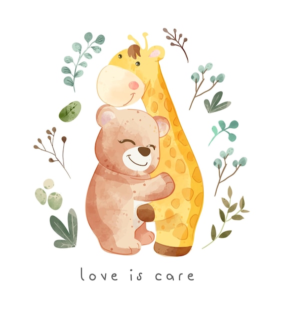 Vecteur slogan d'amour avec girafe de dessin animé et illustration d'étreinte d'ours