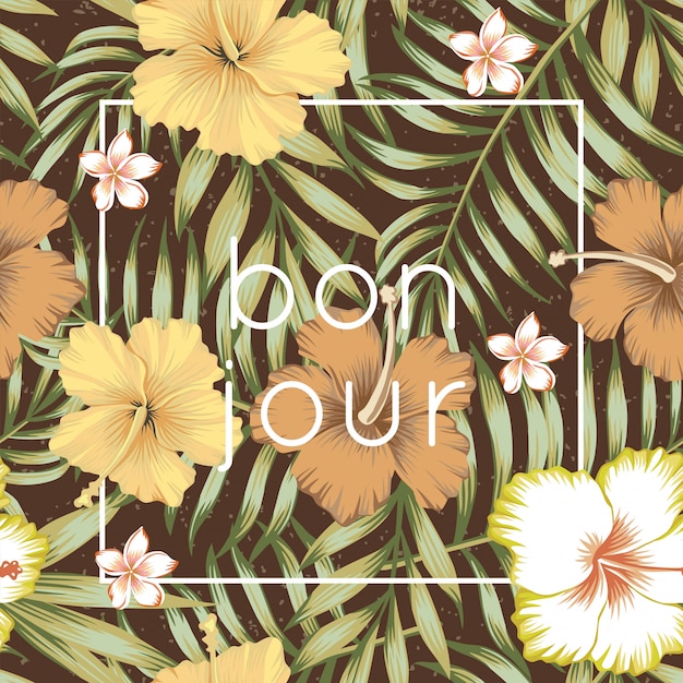 Slogan bon jour tropical feuilles hibiscus brun