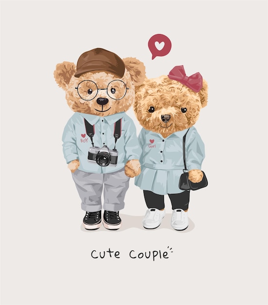 Slogan De Couple Mignon Avec Amant De Poupée Ours En Illustration De Vêtements De Couple