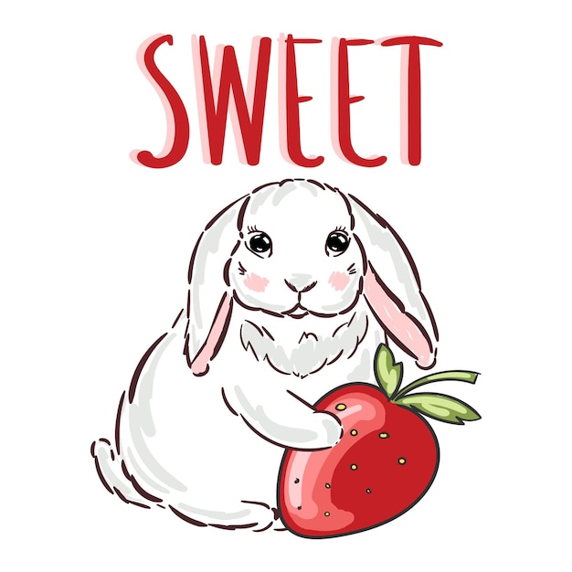 Slogan doux avec mignon lapin blanc et illustration vectorielle d'impression de fraise rouge