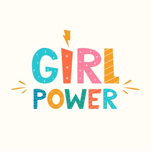 Vecteur slogan du féminisme du pouvoir des filles avec lettrage dessiné à la main et symbole de l'éclair