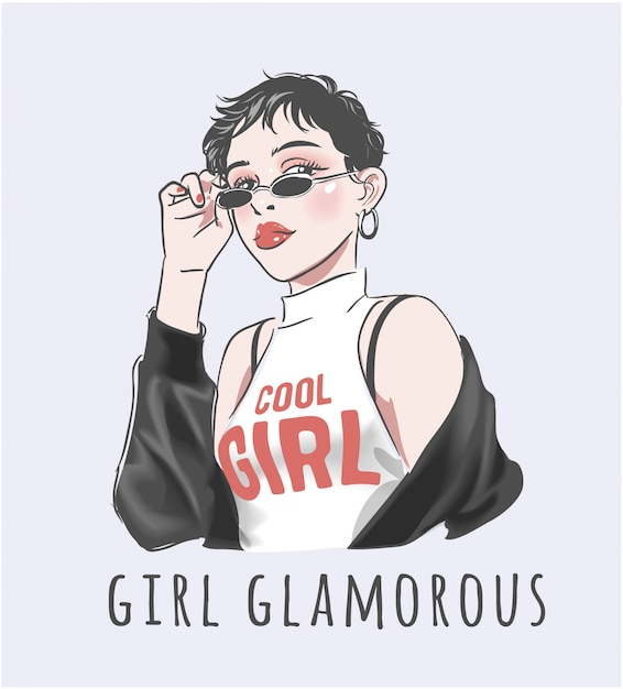 Slogan Glamour De Fille Avec Illustration De Fille Cheveux Courts