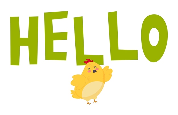 Slogan Hello Avec Un Joli Poulet Sortant D'une Illustration En Papier