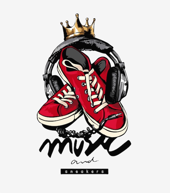 slogan de musique et de baskets avec baskets et illustration de casque