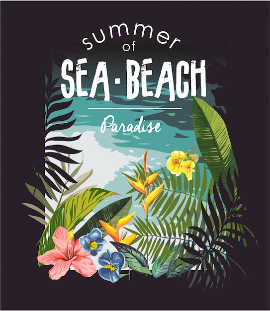 Slogan De La Plage Tropicale Avec Illustration De La Jungle Et De La Plage