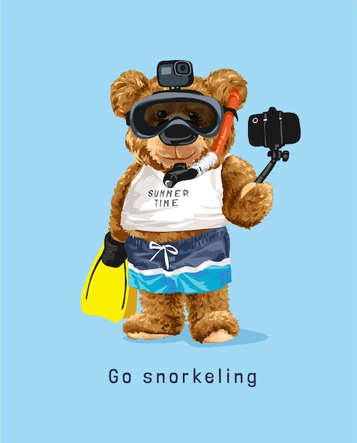 Slogan De Plongée En Apnée Avec Une Poupée D'ours Dans Un Masque De Plongée En Apnée Prenant Une Illustration De Selfie