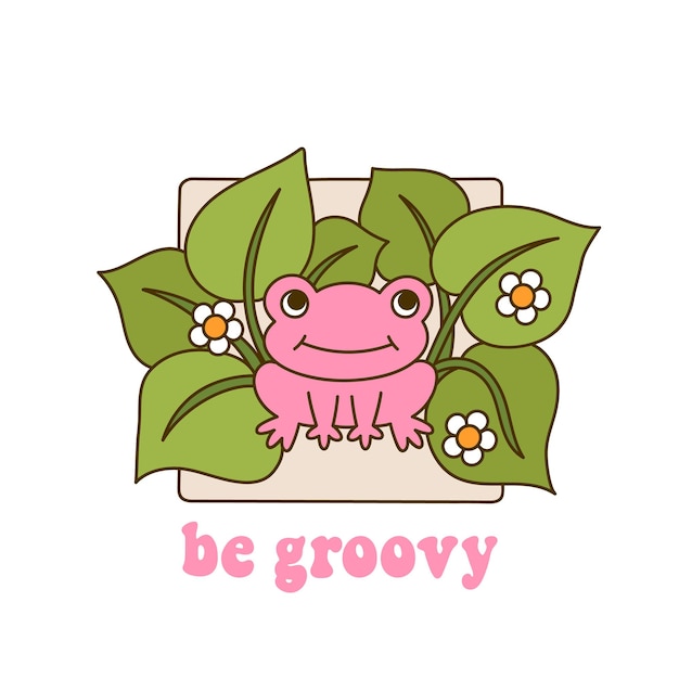 Slogan Rétro Des Années 70 Be Groovy Et Grenouille Dans Les Feuilles Avec Des Marguerites Dans Un Style Vintage