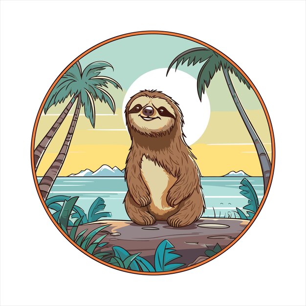 Vecteur sloth cute comique dessin animé kawaii aquarelle colorée plage d'été animales de compagnie étiquette d'illustration