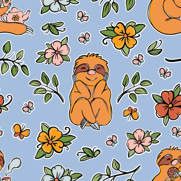 Sloth Flower Animal Mignon Est Assis Sur Le Modèle Sans Couture De Prairie