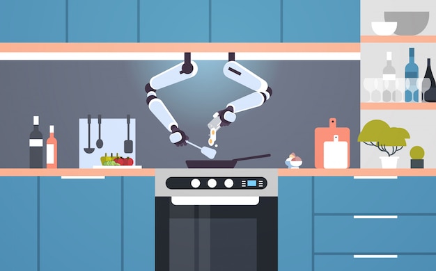 Smart Handy Chef Robot Prépare Des œufs Frits Dans Une Poêle Robotique Assistant Innovation Technologie Intelligence Artificielle Concept Moderne Cuisine Intérieur Plat Horizontal