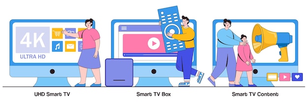 Smart Tv Uhd, Smart Tv Box, Concept De Contenu Vidéo 4k Avec Des Personnes Minuscules. Regardez Le Jeu D'illustrations Vectorielles à La Télévision. Cinéma De Divertissement à Domicile, Service Vidéo En Ligne, Temps Libre, Métaphore De La Télévision.