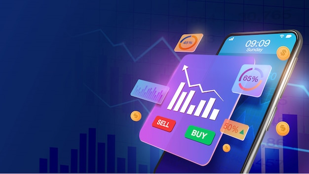 Smartphone avec augmentation de l'investissement en parts de marché et graphique de croissance économique. marché boursier, croissance des affaires, concept de planification stratégique. investir en ligne.