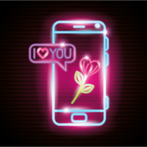 Smartphone avec bulle de dialogue en néon, illustration de la Saint-Valentin