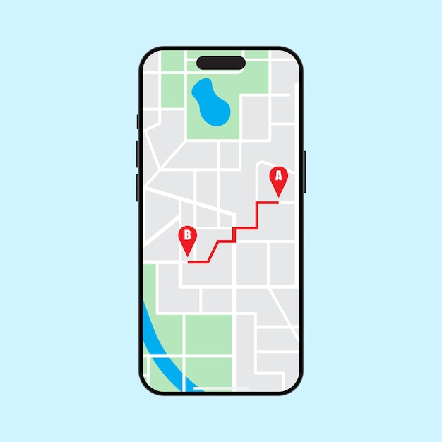 Smartphone avec une carte rouge route entre les points A et B navigation vecteur de vue isométrique