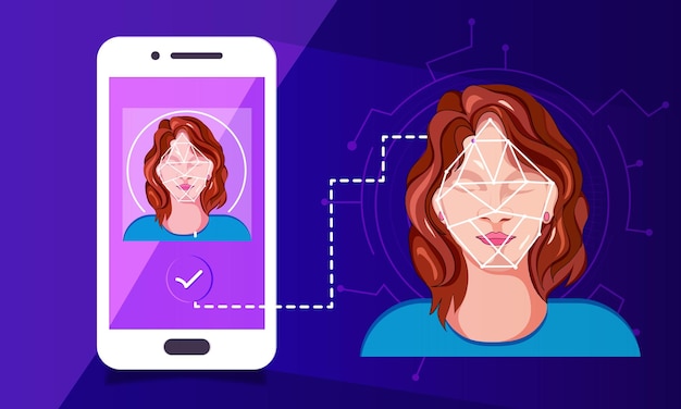 Vecteur smartphone à déverrouillage isométrique, concept de système de reconnaissance faciale, avec faciale biométrique