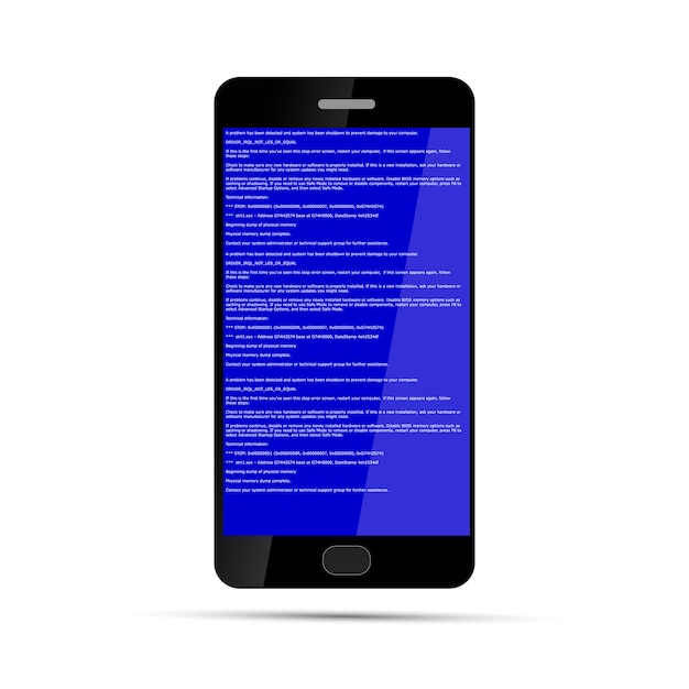 Smartphone avec erreur BSOD isolée sur blanc. Crash du système d'exploitation.
