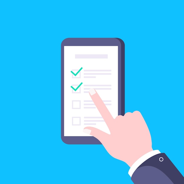 Vecteur le smartphone est tenu à la main avec une liste de contrôle complète avec des marques de contrôle et une illustration vectorielle de l'icône.