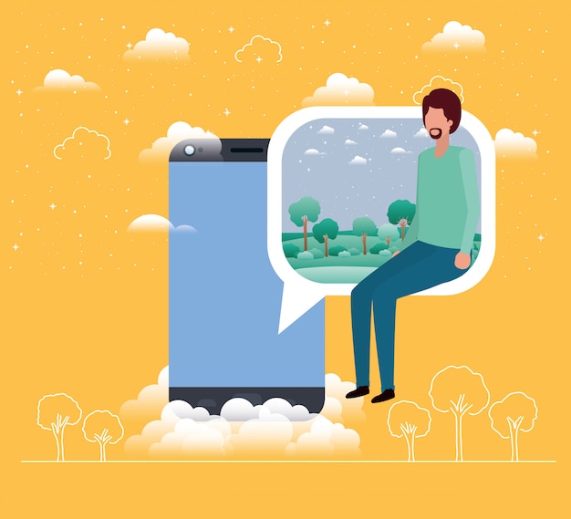 Smartphone Avec Garçon Assis Dans Une Bulle De Dialogue