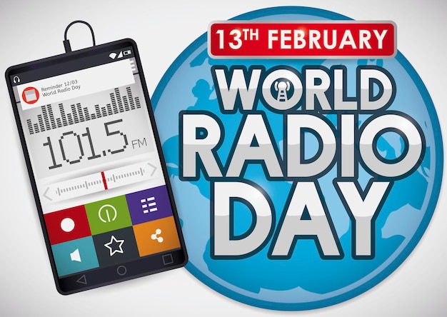 Vecteur smartphone avec un globe de rappel à l'intérieur du bouton pour célébrer la journée mondiale de la radio.
