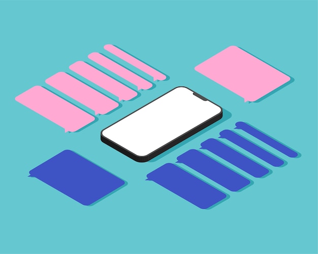 Smartphone isométrique avec boîtes de dialogue vierges. Bulles de messagerie de modèles vides.