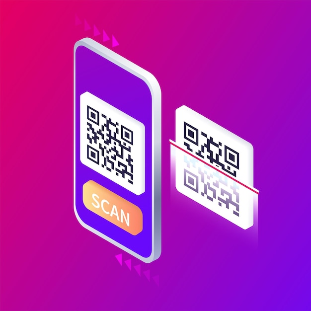 Smartphone Isométrique Scannant Le Code Qr Page De Téléchargement De L'application Mobile Bannière Web Concept Web