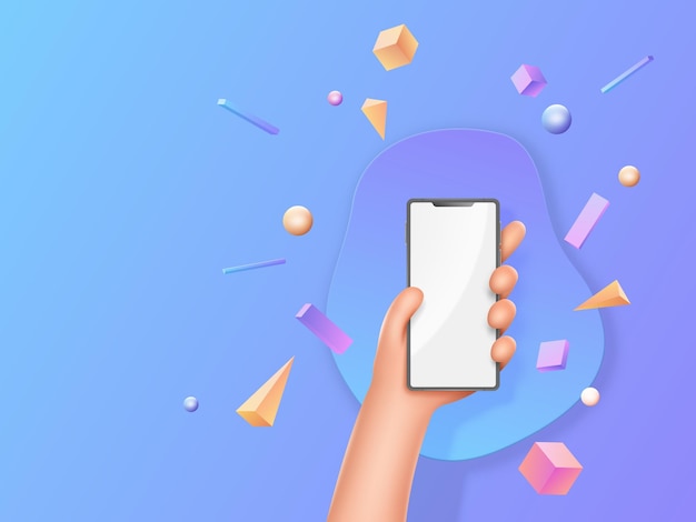 Smartphone kant personne mains tiennent le téléphone avec écran blanc modèle de publicité homme poignée avec mobile information en ligne poignée rendre concept de message vecteur personnes de dessins animés