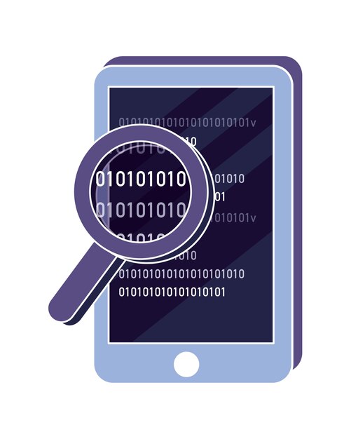 Vecteur smartphone et loupe avec programme de code