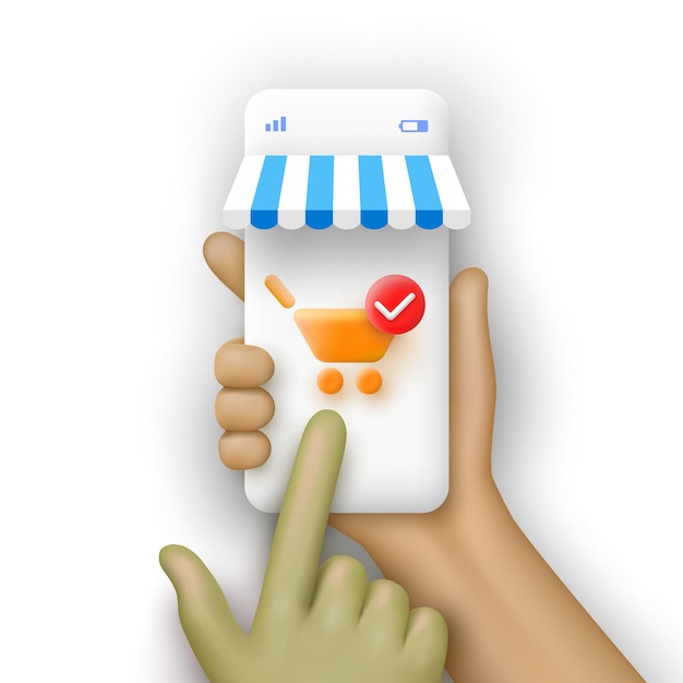 Vecteur smartphone en mains avec visière et panier en dessin animé 3d minimal achats en ligne