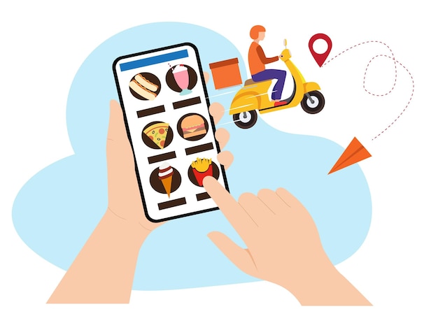 Vecteur smartphone mobile avec application de livraison de nourriture commandez de la nourriture en ligne conception graphique de données créatives modernes sur l'application vecteur d'illustration de dessin animé de style plat