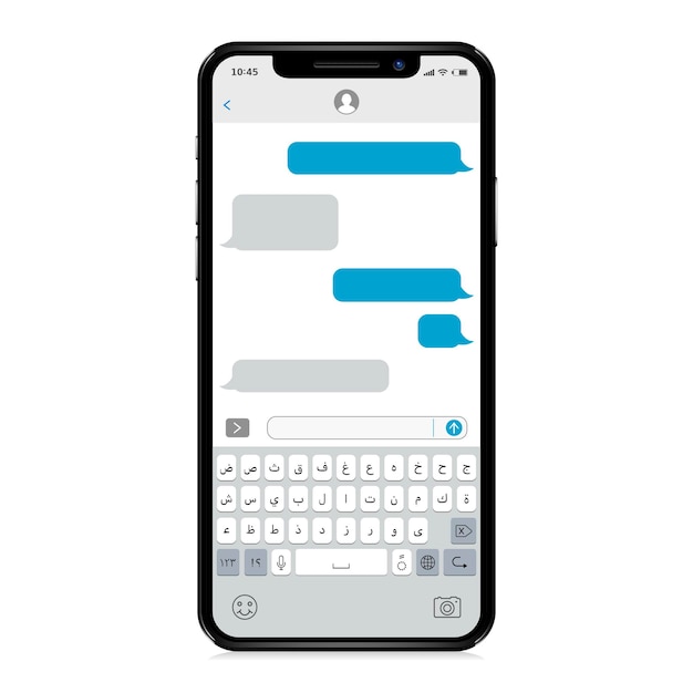 Smartphone moderne avec clavier alphabet arabe isolé sur fond blanc