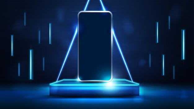 Smartphone Sur Un Podium Carré Sombre Pour La Présentation Du Produit Avec Des Lampes Volantes En Ligne Autour Et Un Triangle Néon Sur Fond Illustration Vectorielle Réaliste 3d Scène Numérique Bleue Et Sombre