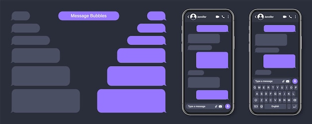 Vecteur smartphone réaliste avec application de messagerie cadre de conversation de texte sms vide écran de chat avec violet