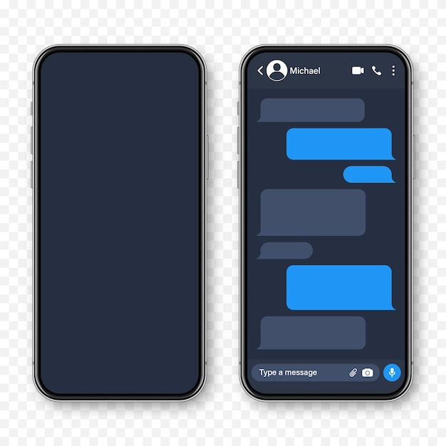 Vecteur smartphone réaliste avec application de messagerie sms blanc cadre de texte conversation écran de chat avec bleu