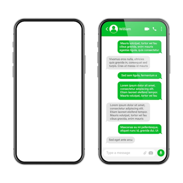 Smartphone réaliste avec application de messagerie sms cadre de texte conversation écran de chat avec message vert