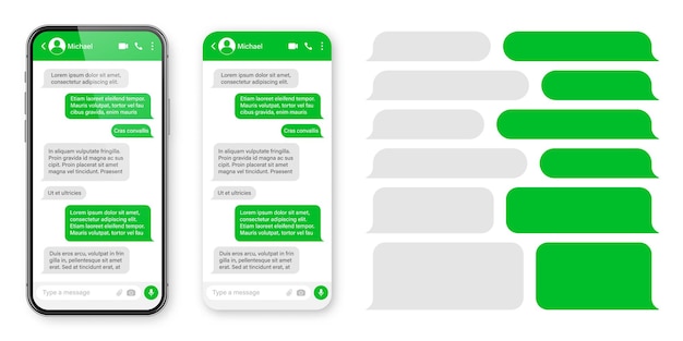 Vecteur smartphone réaliste avec application de messagerie sms vide cadre de texte conversation écran de chat avec vert