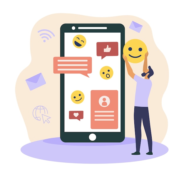 Smartphone avec site Web homme met des emoticons sur vidéo il aime la communication sur les réseaux sociaux