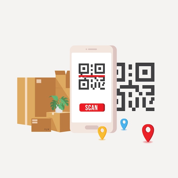 Smartphone de suivi QR Scan avec carte à l'écran différents types de transport et marque de localisation