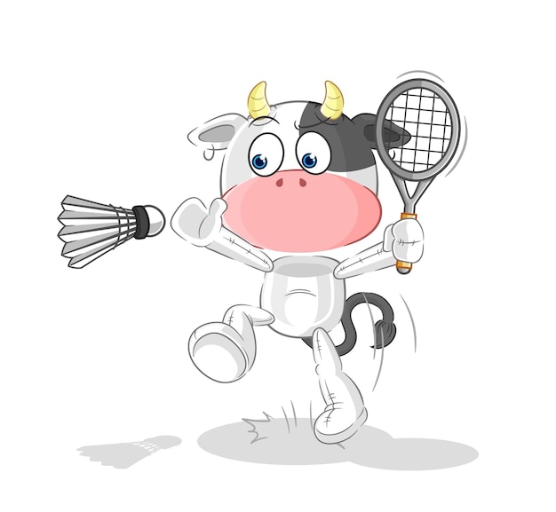 Smash de vache au vecteur de mascotte de dessin animé de badminton