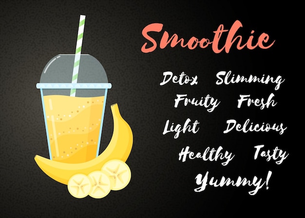 Vecteur smoothie banane jaune boisson vitaminée illustration vectorielle savoureux fruits naturels paille et verre avec