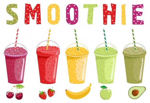 Smoothie et fruits. Ensemble d'illustrations smoothie ou jus de fruits frais avec des pailles. Menu smoothie.