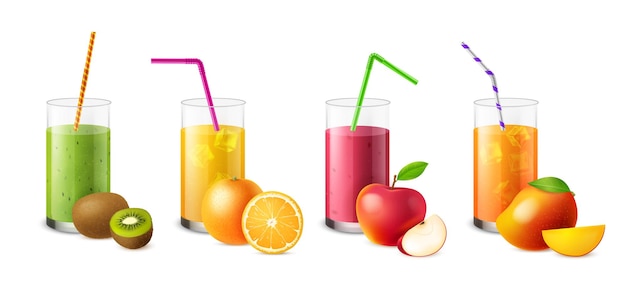 Vecteur smoothies aux fruits verres réalistes avec différents jus et boissons boissons tropicales fraîches et saines régime alimentaire et nutrition détox kiwi et orange pomme et mangue cocktails et milkshakes ensemble vectoriel