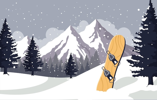 Snowboard Contre Le Paysage De Montagne En Hiver