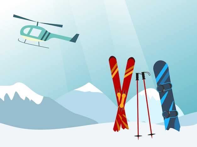 Vecteur snowboard et ski dans l'illustration vectorielle de l'hélicoptère ski mountain resort